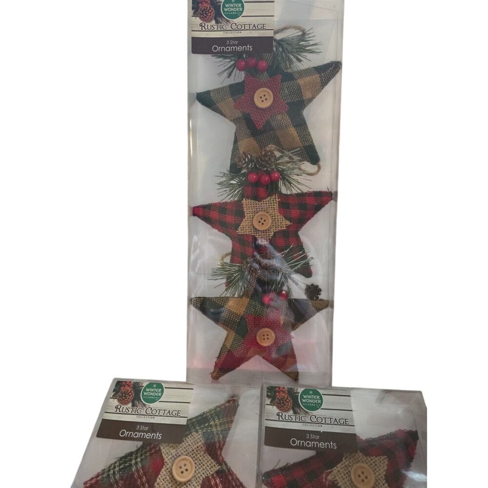 WINTER WONDER LANE RUSTIC COTTAGE SET OF 9 PLAID STAR TREE DECORATIONS